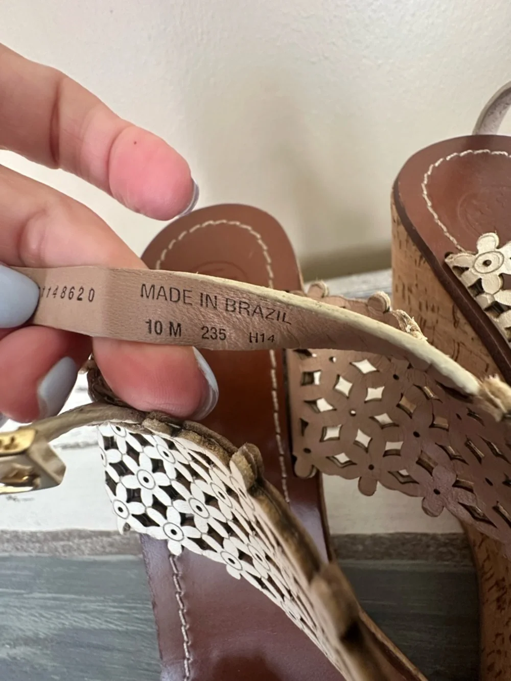 Tory Burch Floral Laser Cut Cork Wedge Sandals Cream Leather Size 10M‎ Boho Chic